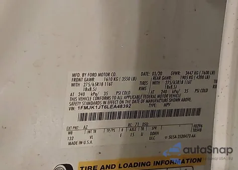 2020 Ford Expedition Xlt Max из США, поврежденный, VIN 1FMJK1JT6LEA48392